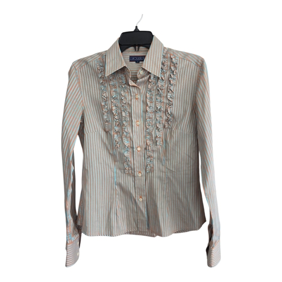 J McLaughlin Button Down Shirt Blue Orange Stripe Ruffle Front Cotton Sz 4 - Picture 1 of 12